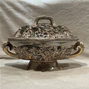 RARE Colorful Mid Century Italian Large Majolica Cherub & Dionysus Capodimonte